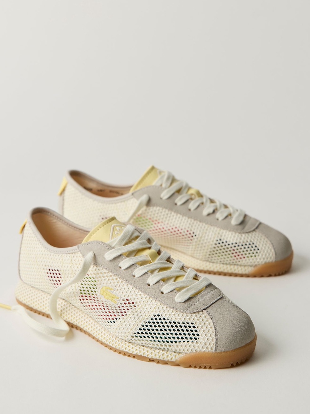 NWT FP Movement Lacoste Women’s Cream & Yellow Mesh Suede Club Low Sneakers - Picture 2 of 16